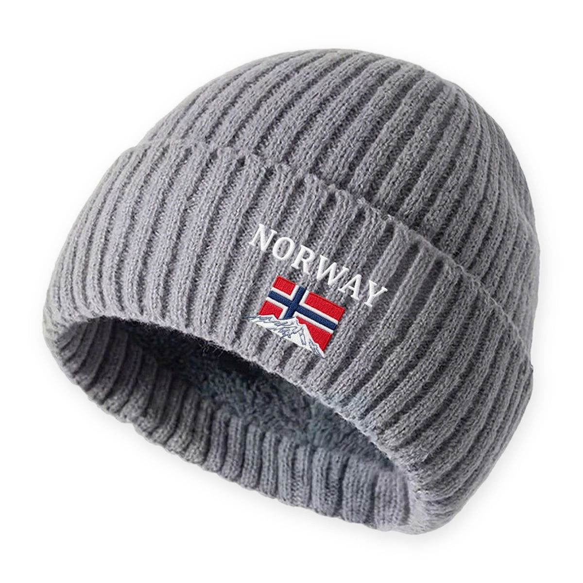 Strikhue, farve: lysegrå, med NORWAY-broderi på hvid baggrund